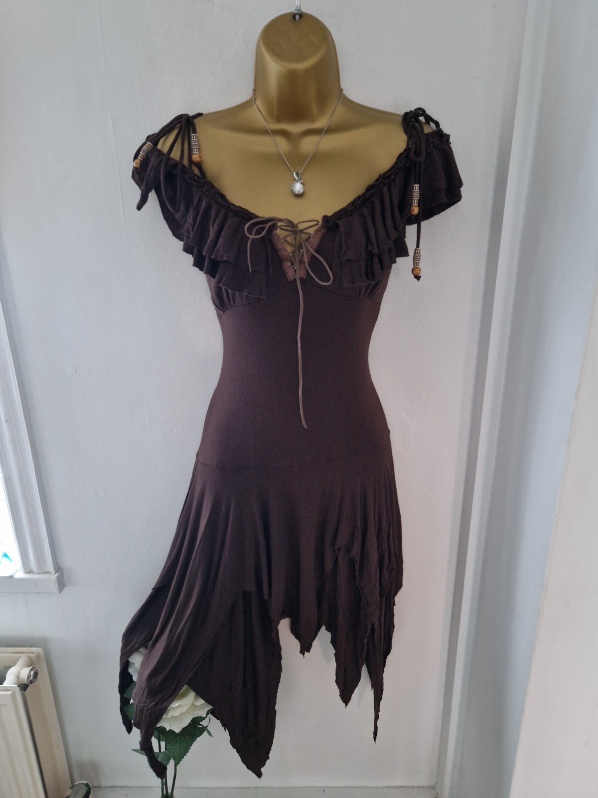 🤎 Rare Stunning Jane Norman Brown Milkmaid Fairy Boho Dress 10/12 🤎