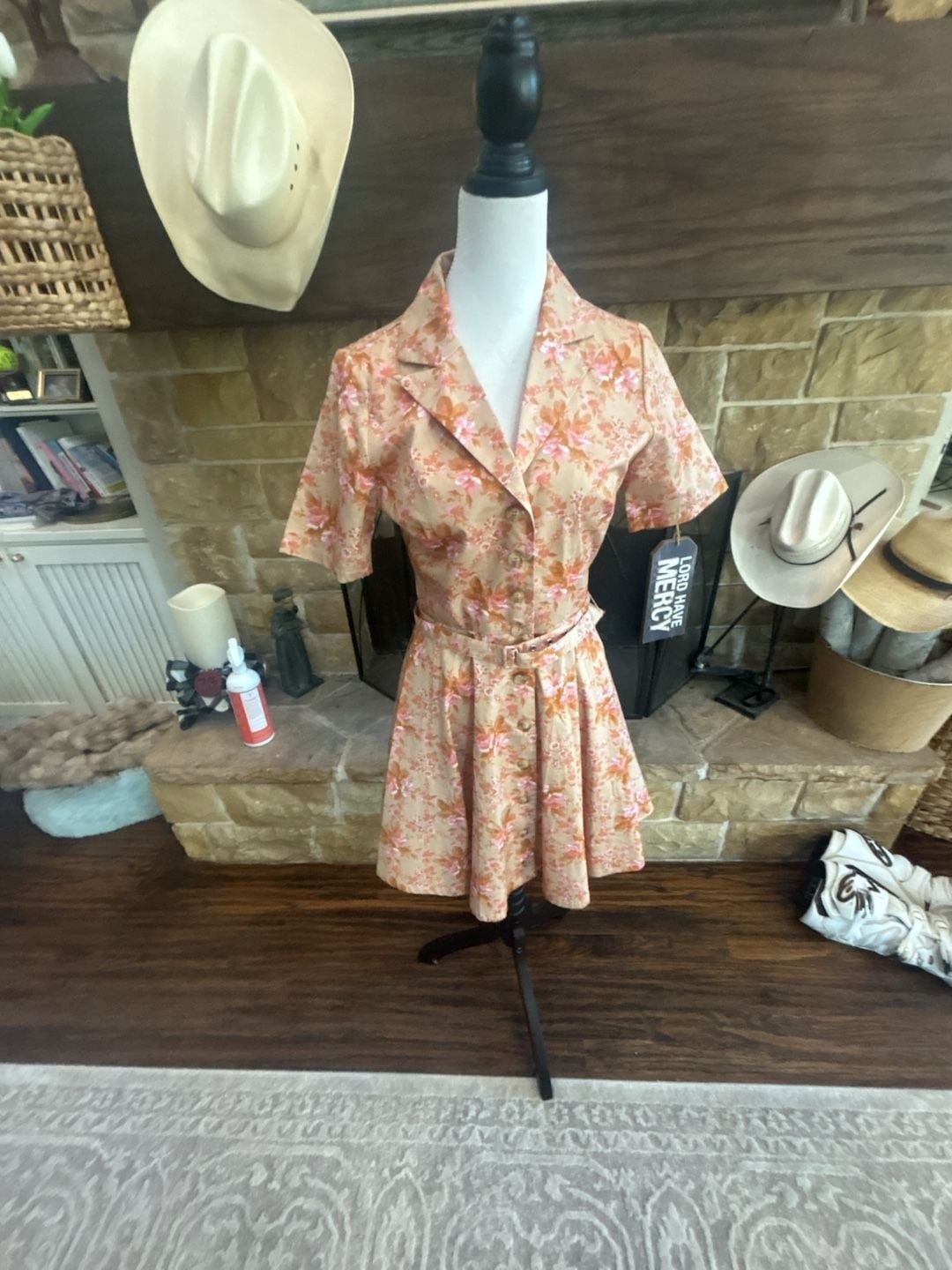 Flying Tomato Floral Print Belted Shirt Mini Dress in Taupe
