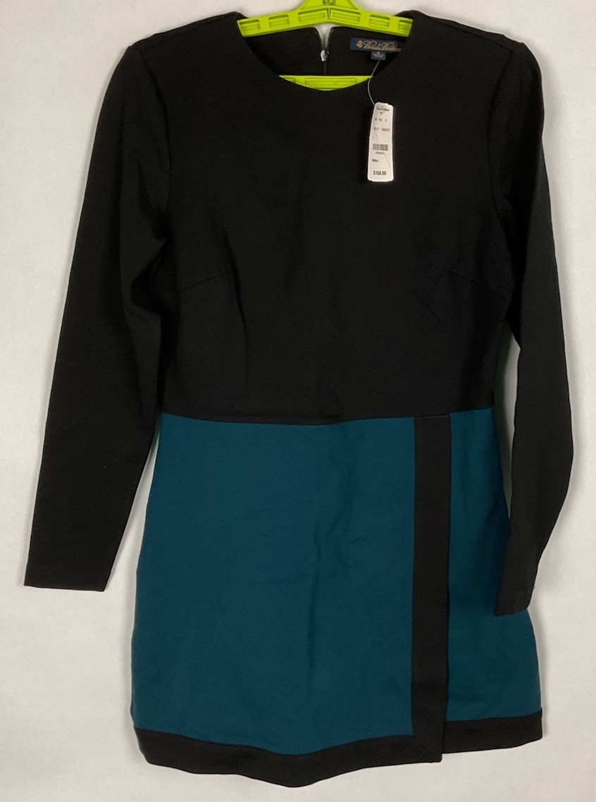 Brooks Brothers Womens Dress Black Blue Sz S Long Sleeve Colorblock 36×31” New