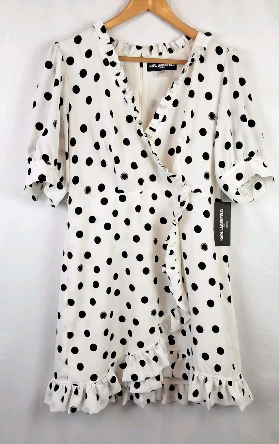 Karl Lagerfeld Paris White & Black Polka Dot Logo Dress Short Sleeves NWT Sz-14