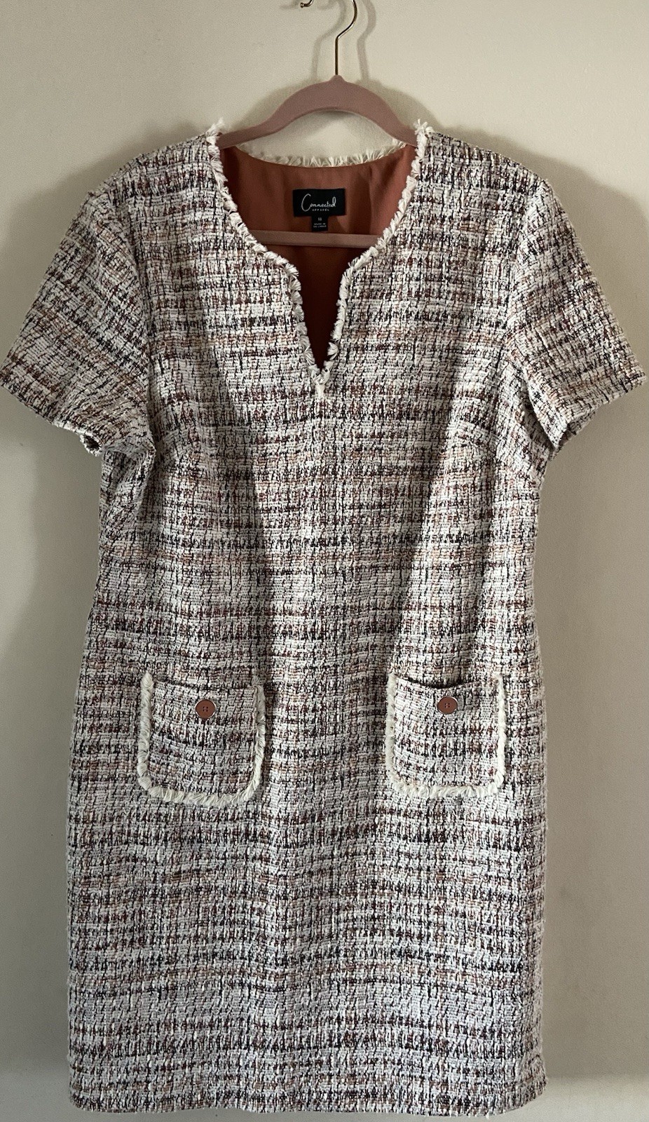 Connected Apparel womens Sz:16 Tweed Plaid Sheath Fringe Dress 60’s retro style