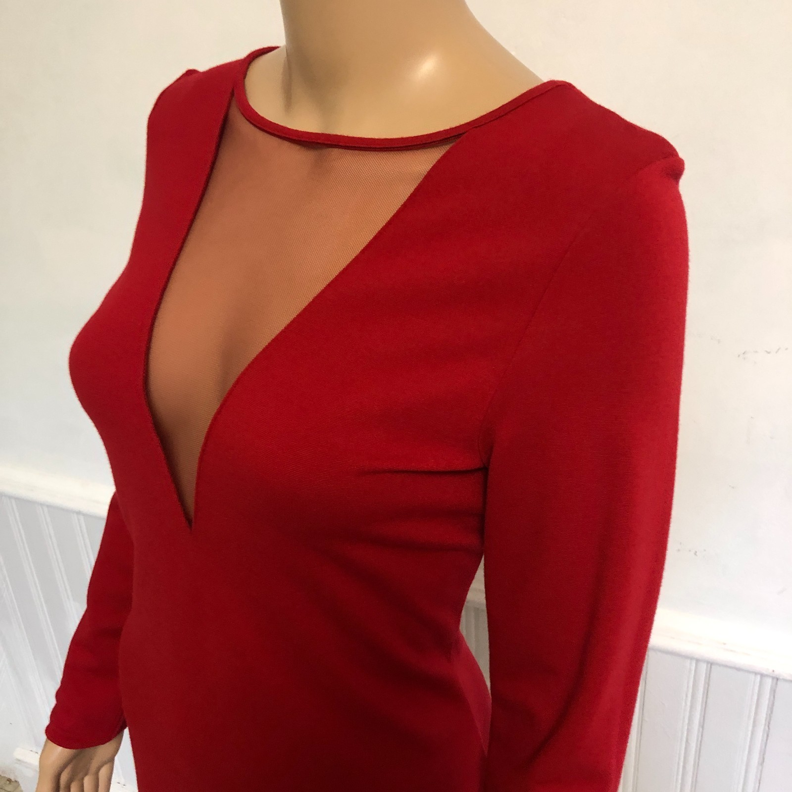 Red Sassy Bodycon Deep V Sheer Mesh Mini Dress Sz Large Long Sleeve