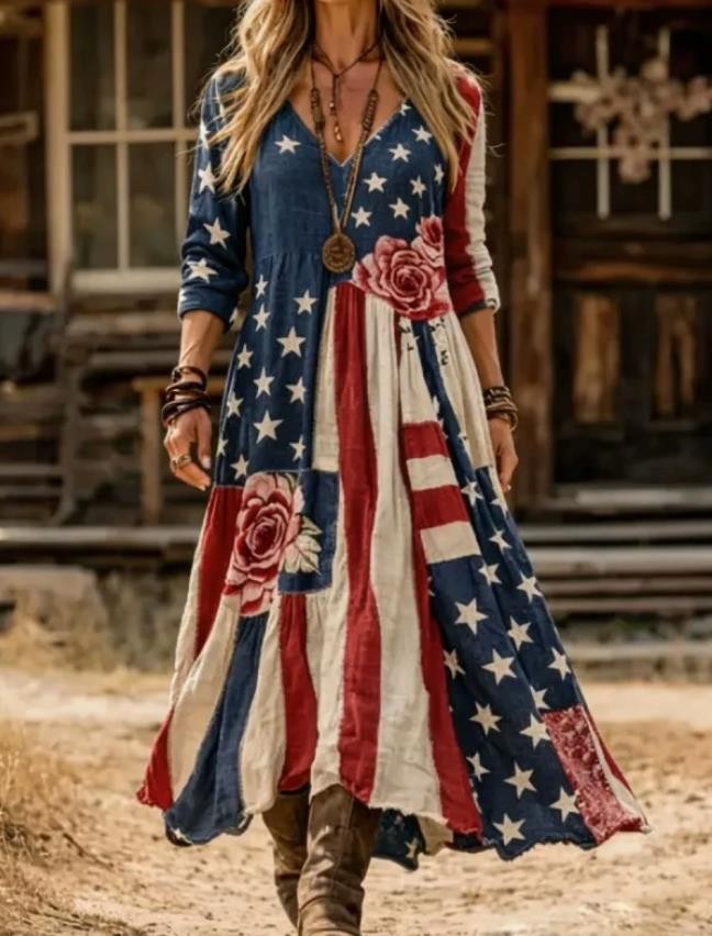 Women’s V Neck USA Flag Floral Printed Long Sleeves Maxi Long Dress Casual Sexy