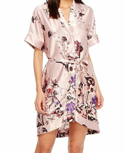 $100 Brigitte Bailey Women’s Pink Floral Winnie Kimono Tie Waist Wrap Dress Sz L