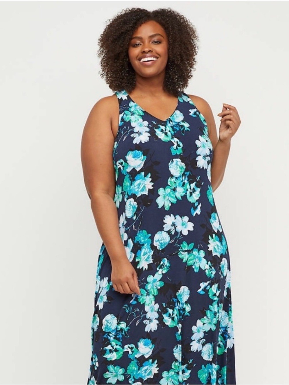 Lane Bryant 18/20P Floral Maxi Dress Crochet Racerback Blue Green Petite
