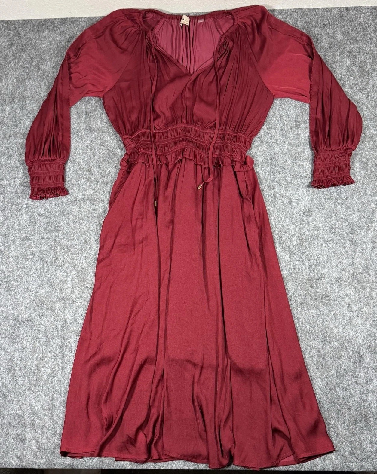 Elie Tahari Maxi Dress Womens L Red Smocked Waist Boho Party Balloon Sleeve
