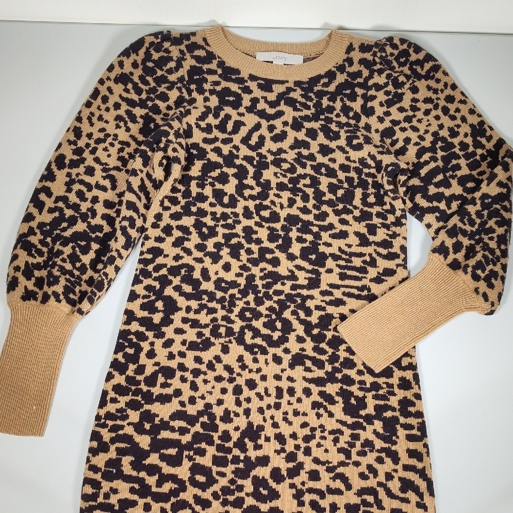 NWT LOFT Animal Cheetah Print Wool Blend Sweater Dress XS