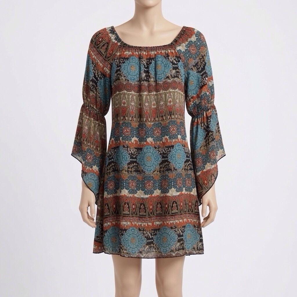 Voll Boho Mini Tunic Dress 3/4 Sheer Bell 3/4 Sleeves Lined M