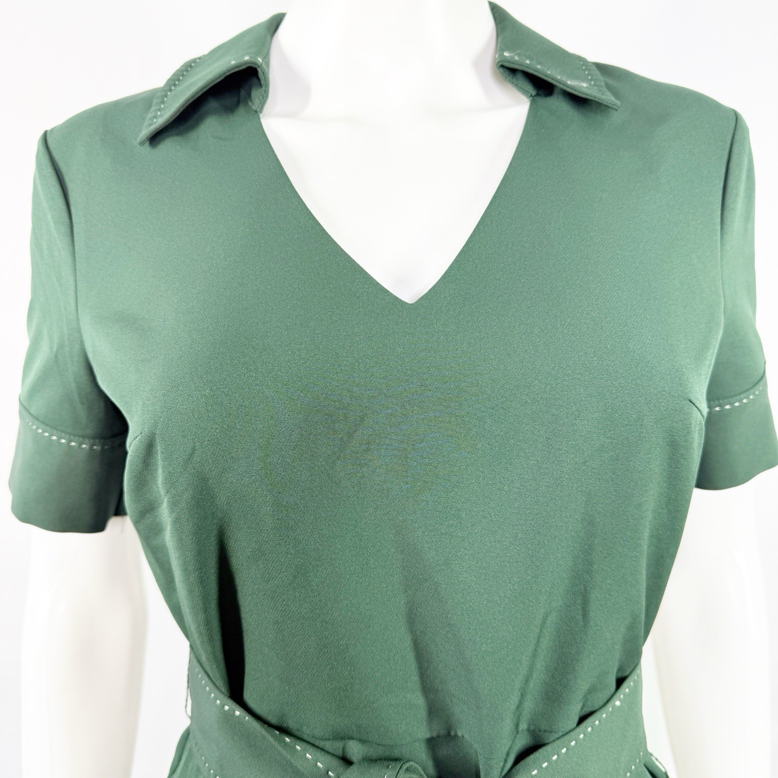 Alexia Admor Dark Green Belted Sheath Dress Size 6 Preppy Collared Short Sleeve
