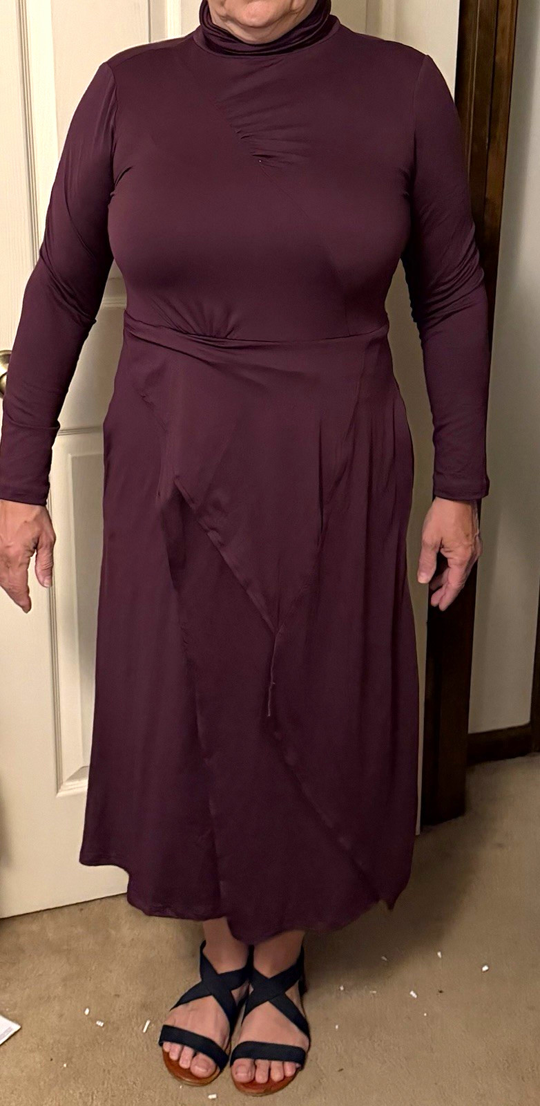 Grace Women’s Purple Solid Turtleneck Long Sleeve A-Line Midi Dress M Slit skirt