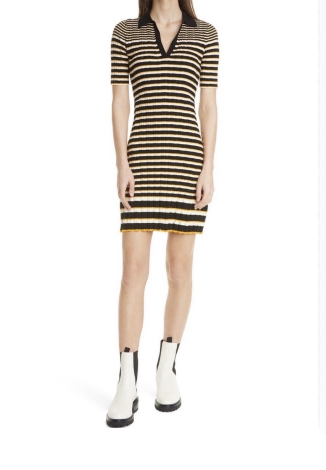Theory Striped Rib Knit Collared Dress Women P Black Yellow Striped Elbow Sleeve