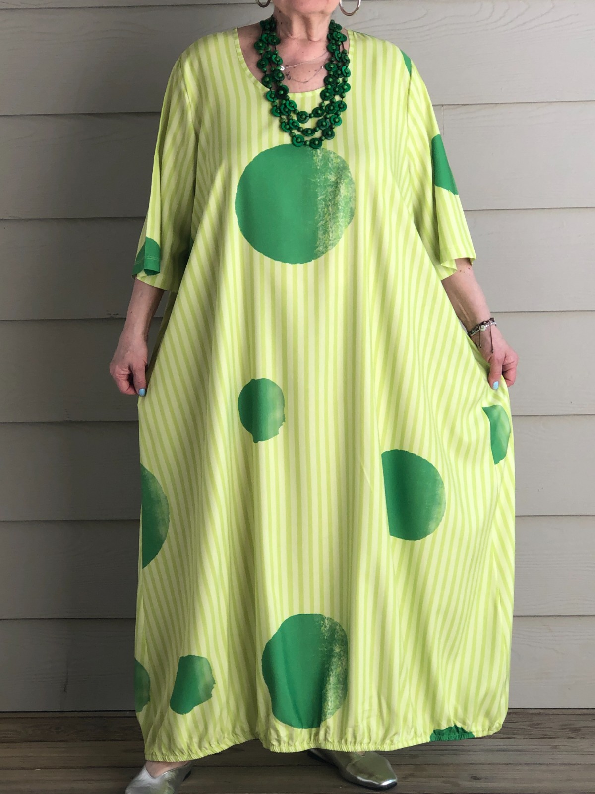 Green Polka Dot Bubble Dress Asymmetric Lagenlook Artsy Boho OSFM +Necklace