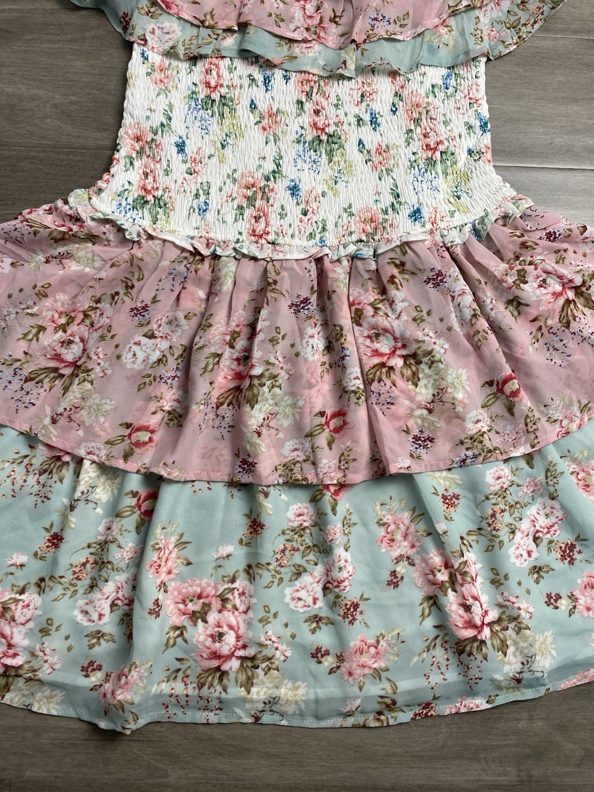 STORIA Tulle Smocked Mini Dress M Ruffle Tiered Cottagecore Coquette Balletcore