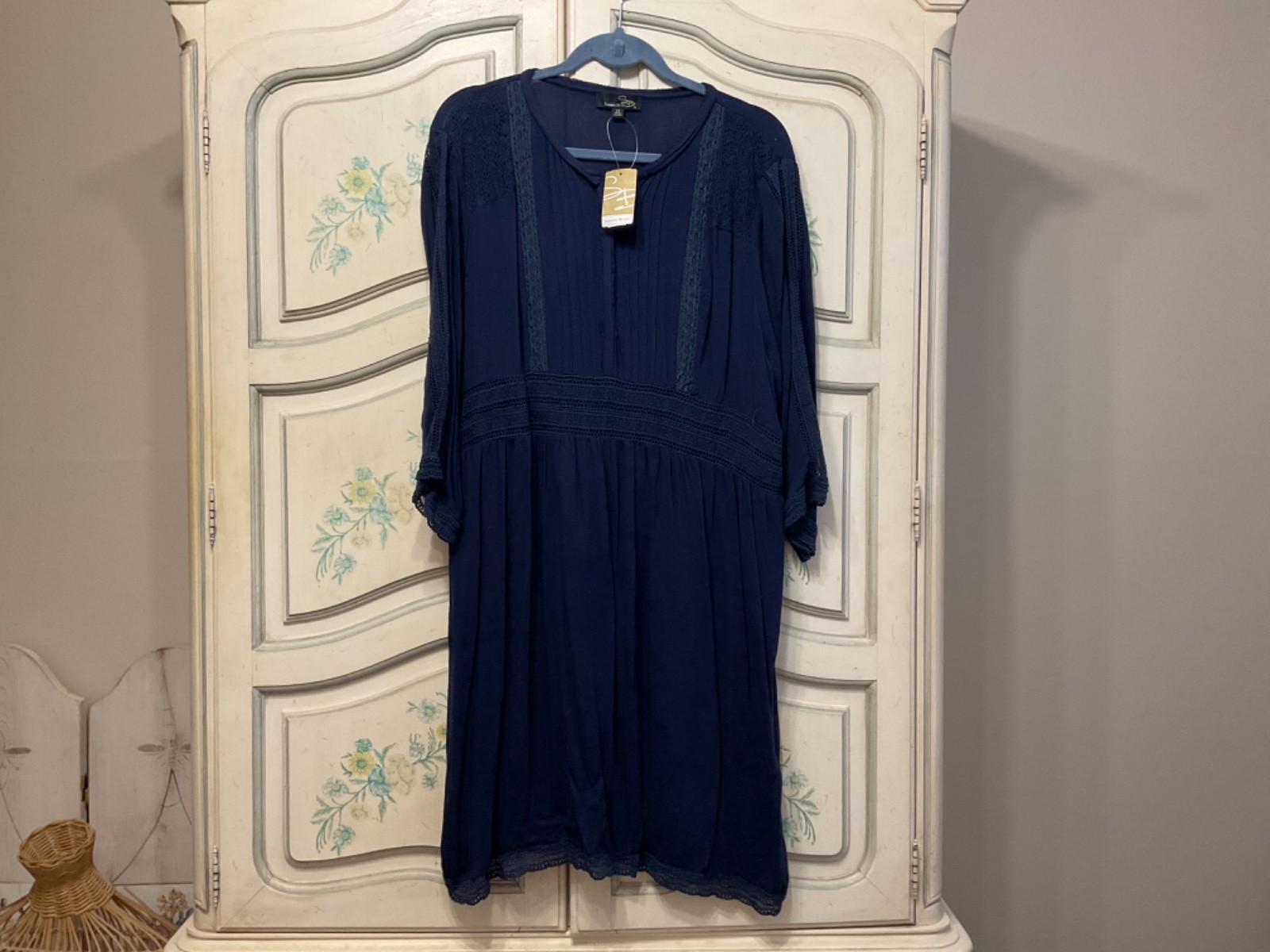 NWT Suzanne Betro Boho Flowy Navy Blue Sheer Lace Crochet Accent Dress 1x-2X