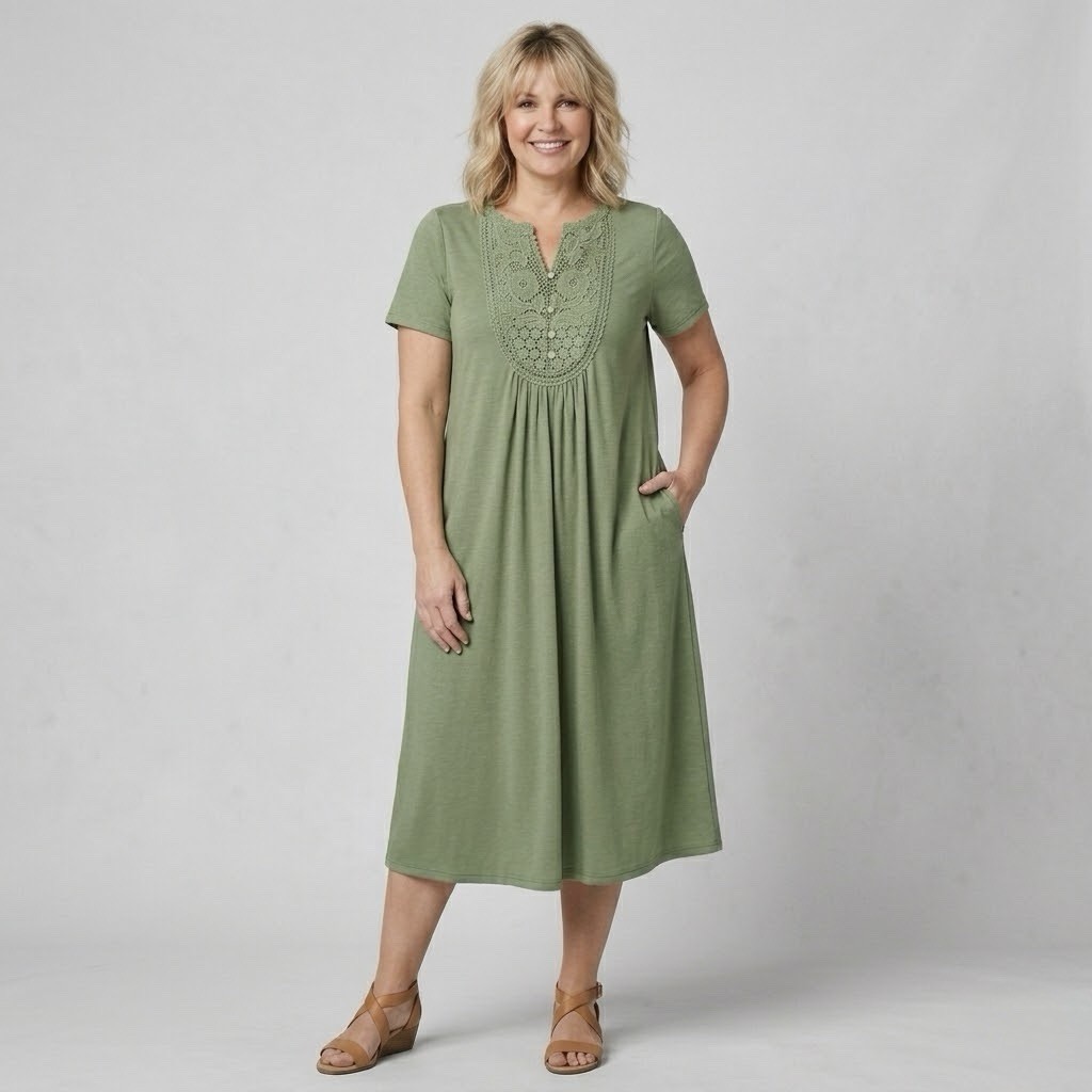Woman Within Embroidered Lace Comfy Midi Dress 26/28 2X Sage Green Casual Lounge