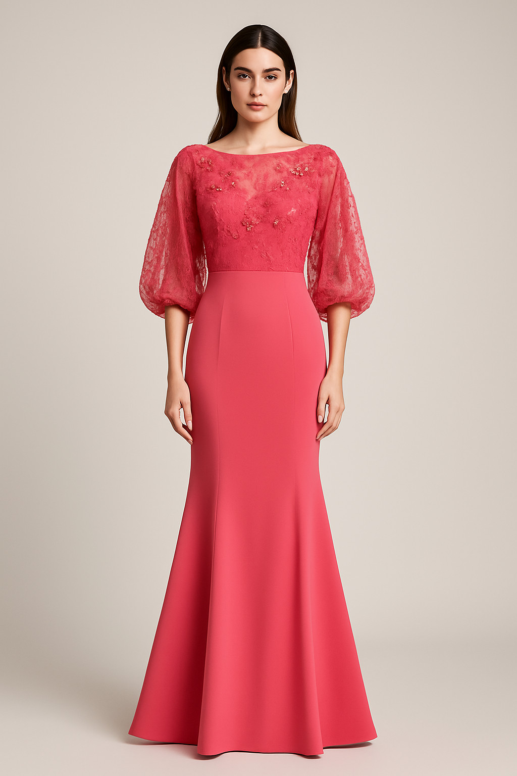 Badgley Mischka Salmon Pink Modest Long Sleeve Lace Floral Applique sz 4 Sample