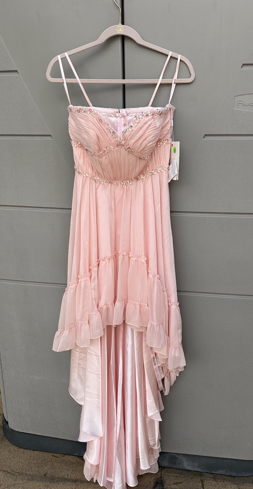 Mac Duggal Strapless Beaded Ruffle High Low Prom Gown in Ice Pink Sz 6 Princess