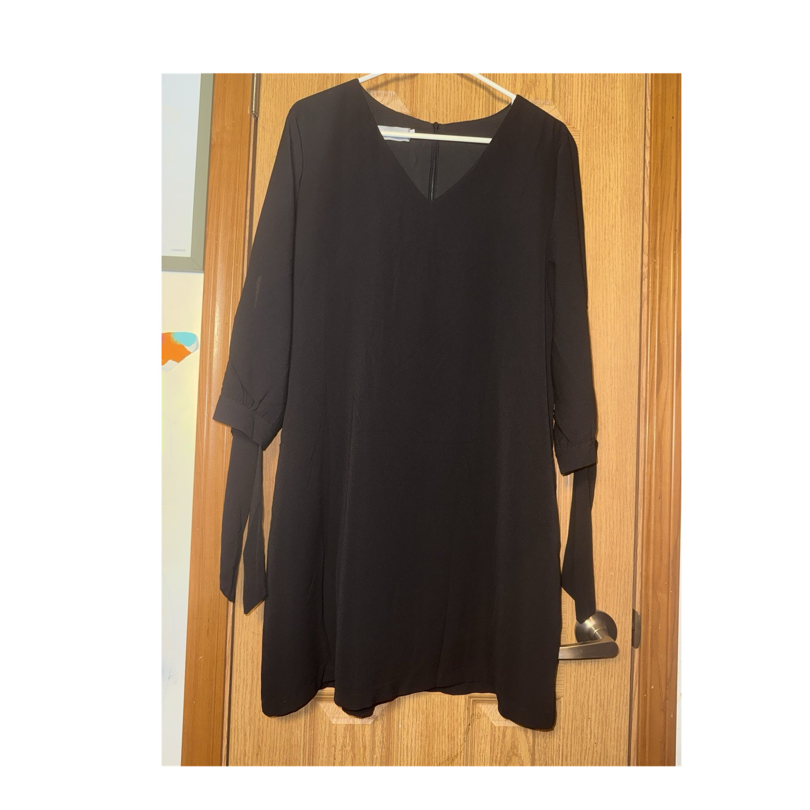 Belongsci Black V-Neck 3/4 Sleeve Knee Length Shift Dress L Tie Accent