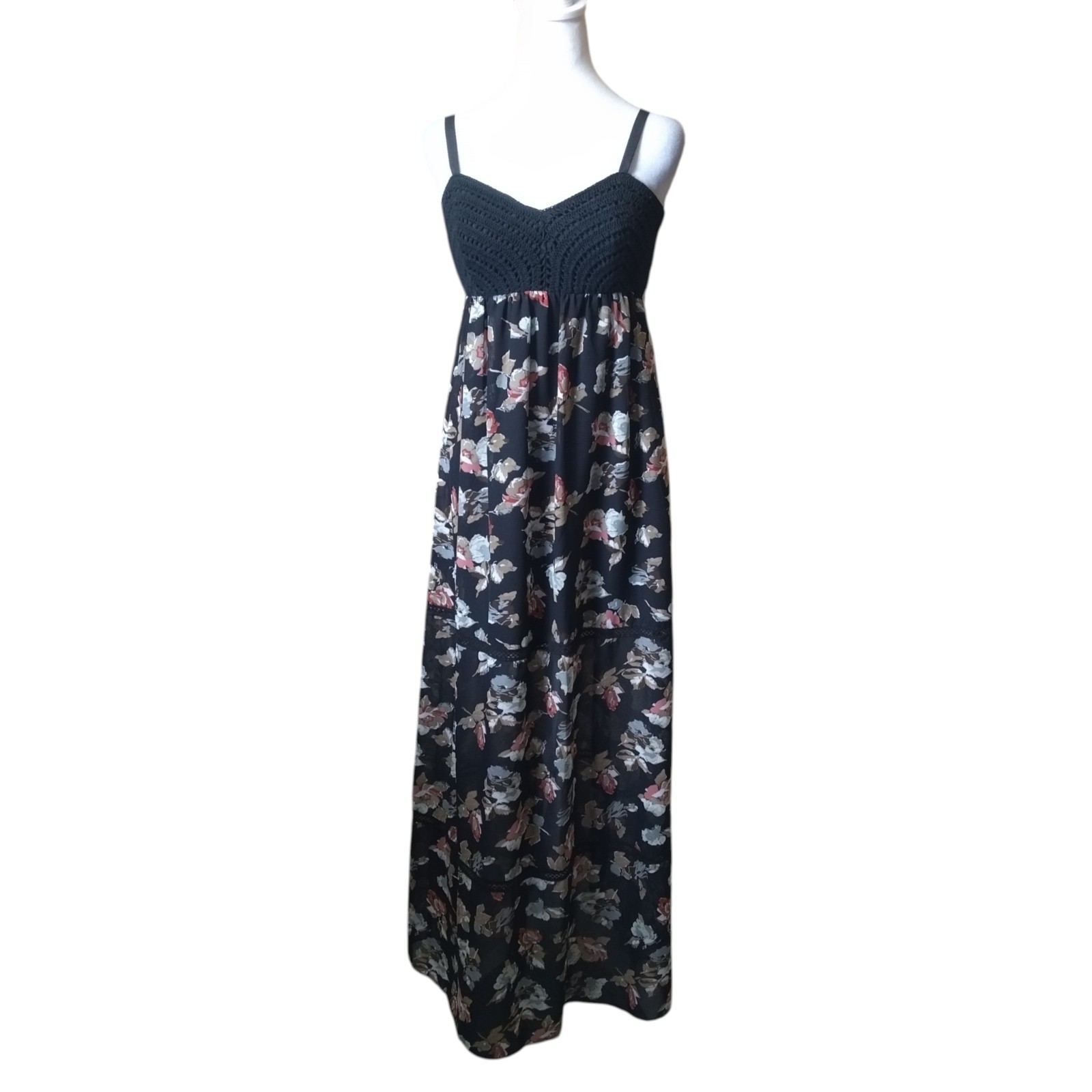 Maia Maxi Dress Floral Crochet Top Size 4 Spaghetti Strap Semi Sheer Lined Boho