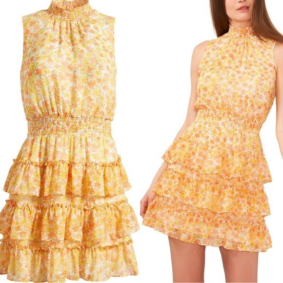 1.STATE Sleeveless Yellow Floral Ruffle Smocked MiniDress Tiered Flounce Skirt S