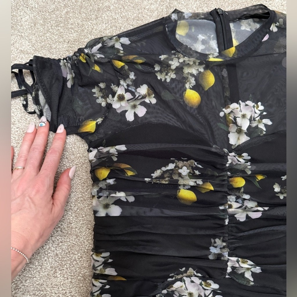 AllSaints – Giorgia Eugenia Floral Lemon Print Minidress w Ruching – size 6