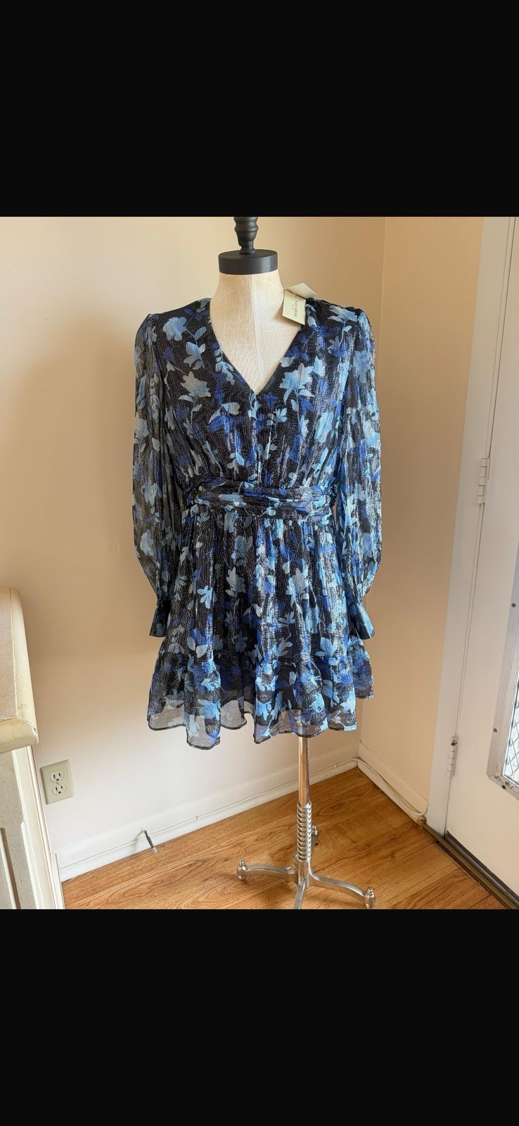 Ramy Brook blue Floral Chiffon Mini Dress S, V-Neck Long Balloon Sleeves Ruffle