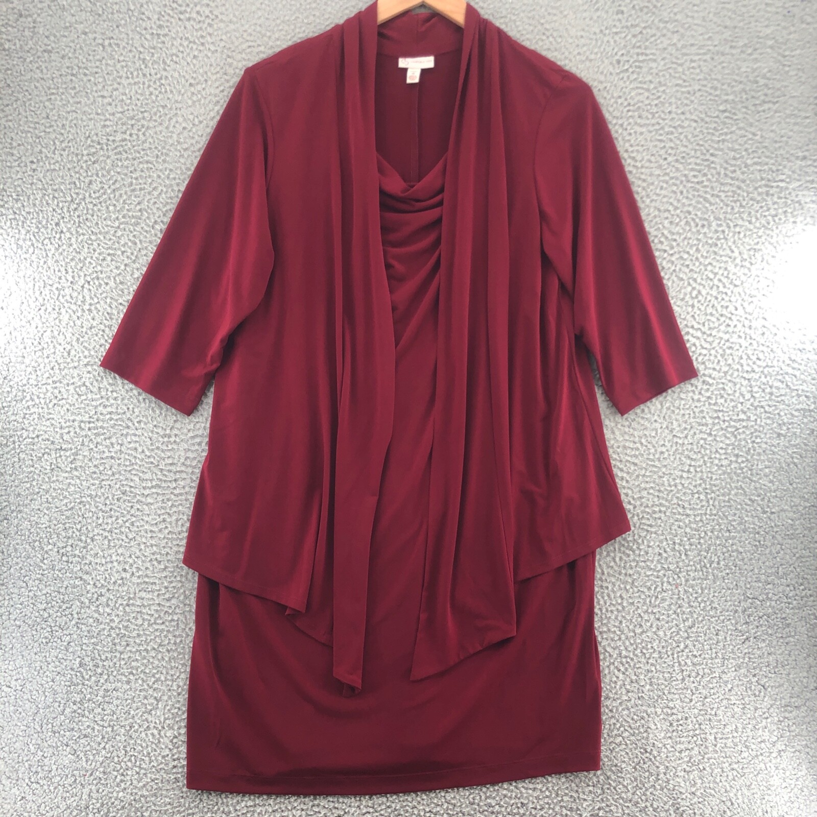 Dressbarn Dress Womens 14 Red Knee Shift 1 Piece Jacket Draped Travel 3/4 Sleeve