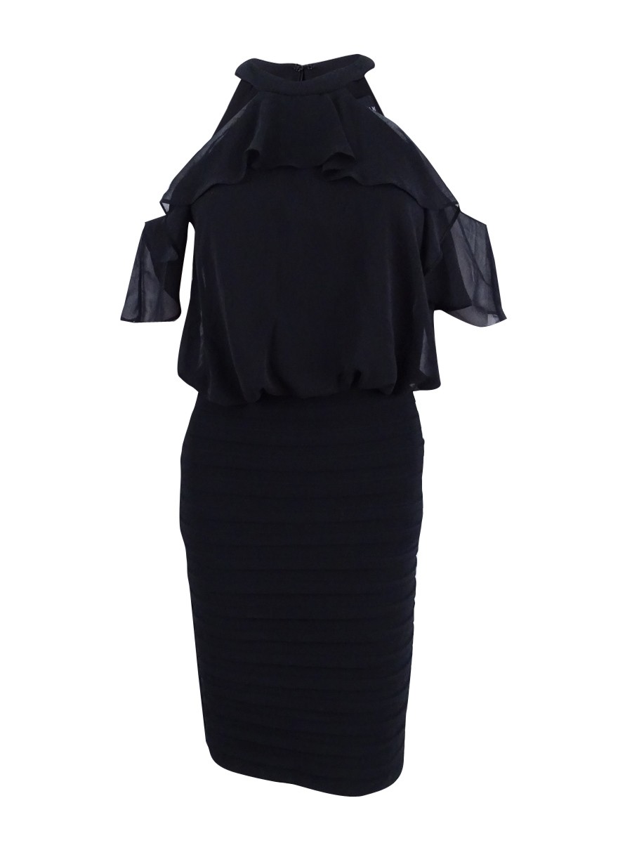 Betsy & Adam Women’s Cold-Shoulder Popover Dress (4, Black)