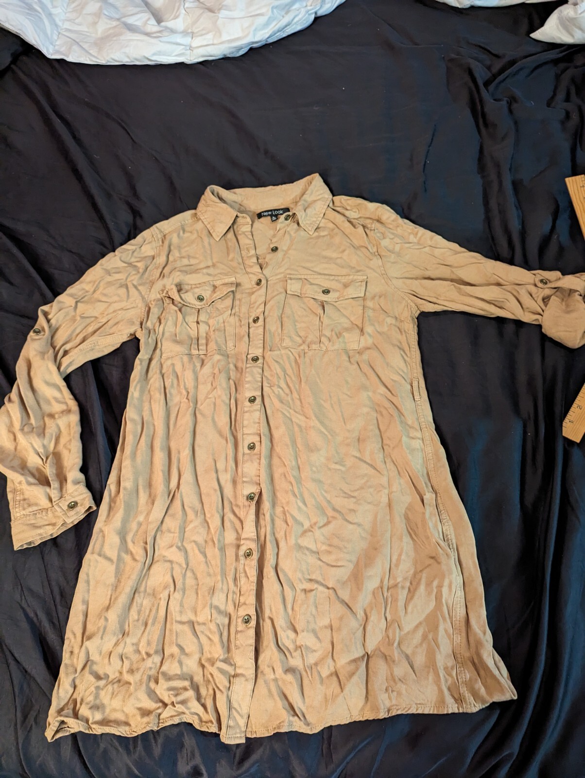 New Look tan button down L dress adjustable 3/4 to long sleeve