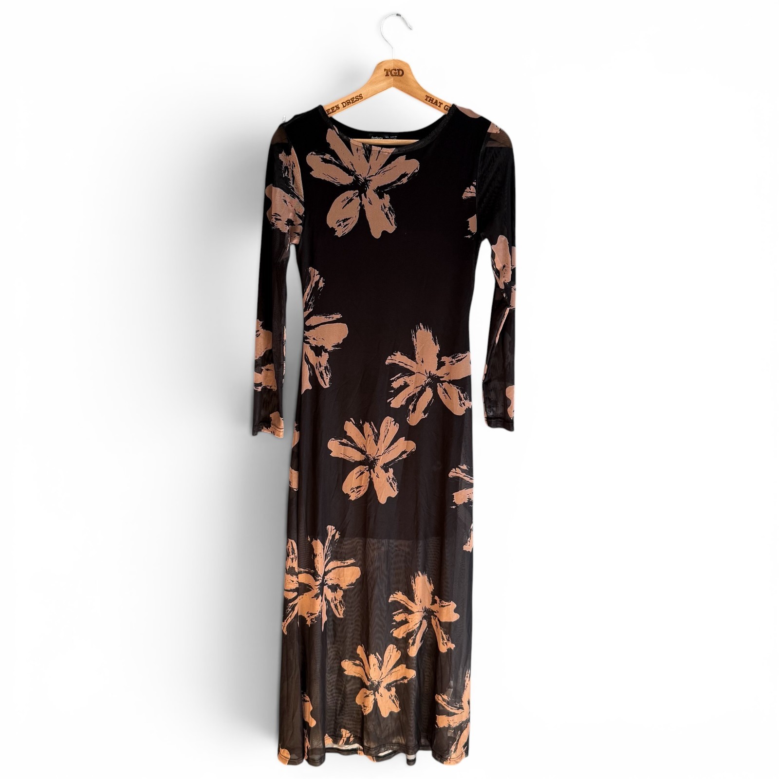 Ladies Floral Maxi Dress Black Beige Long Sleeved Size 8