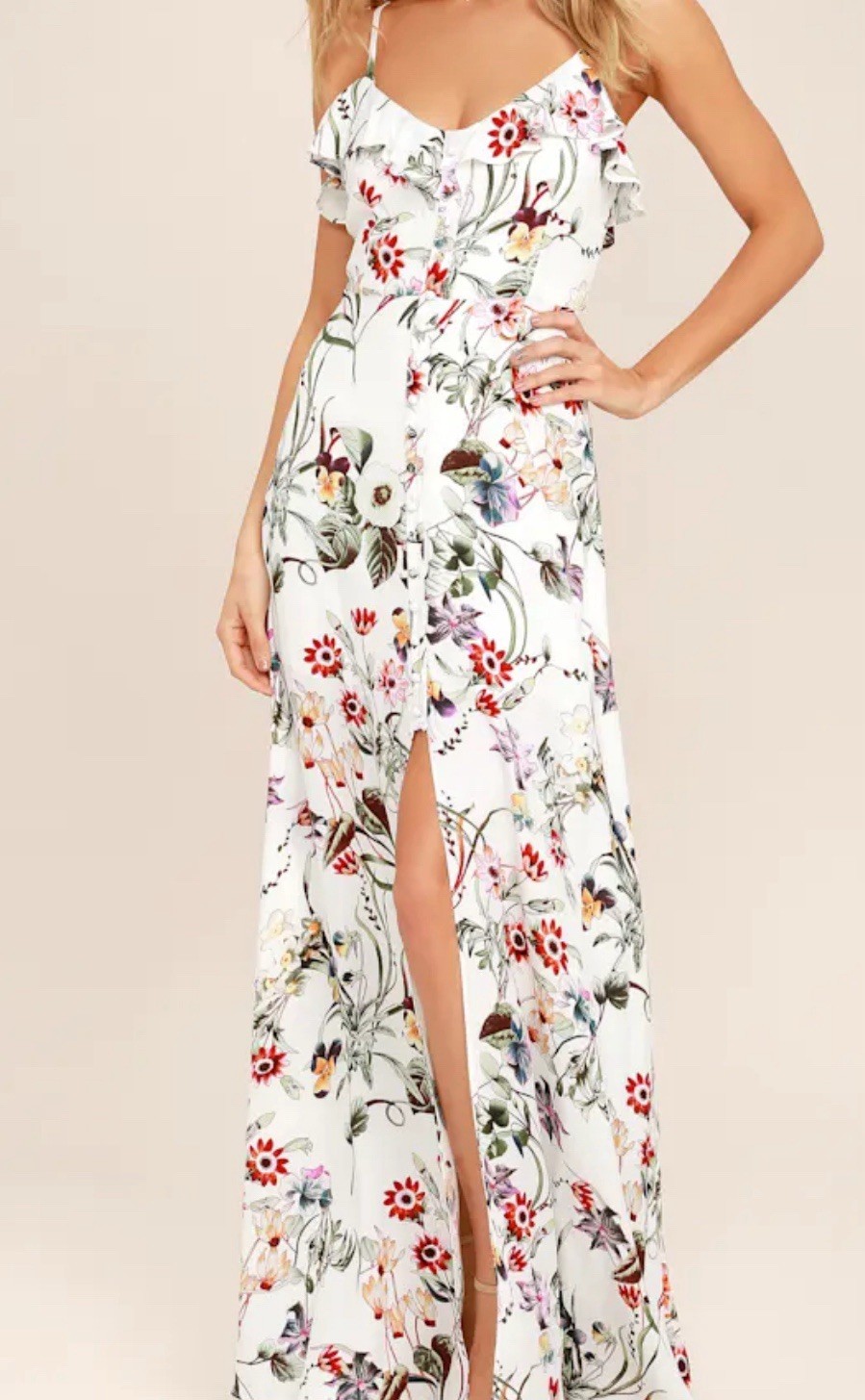 Lulus Bloom On Ivory Floral Maxi Dress Medium Red Green Women Sleeveless Cut Out