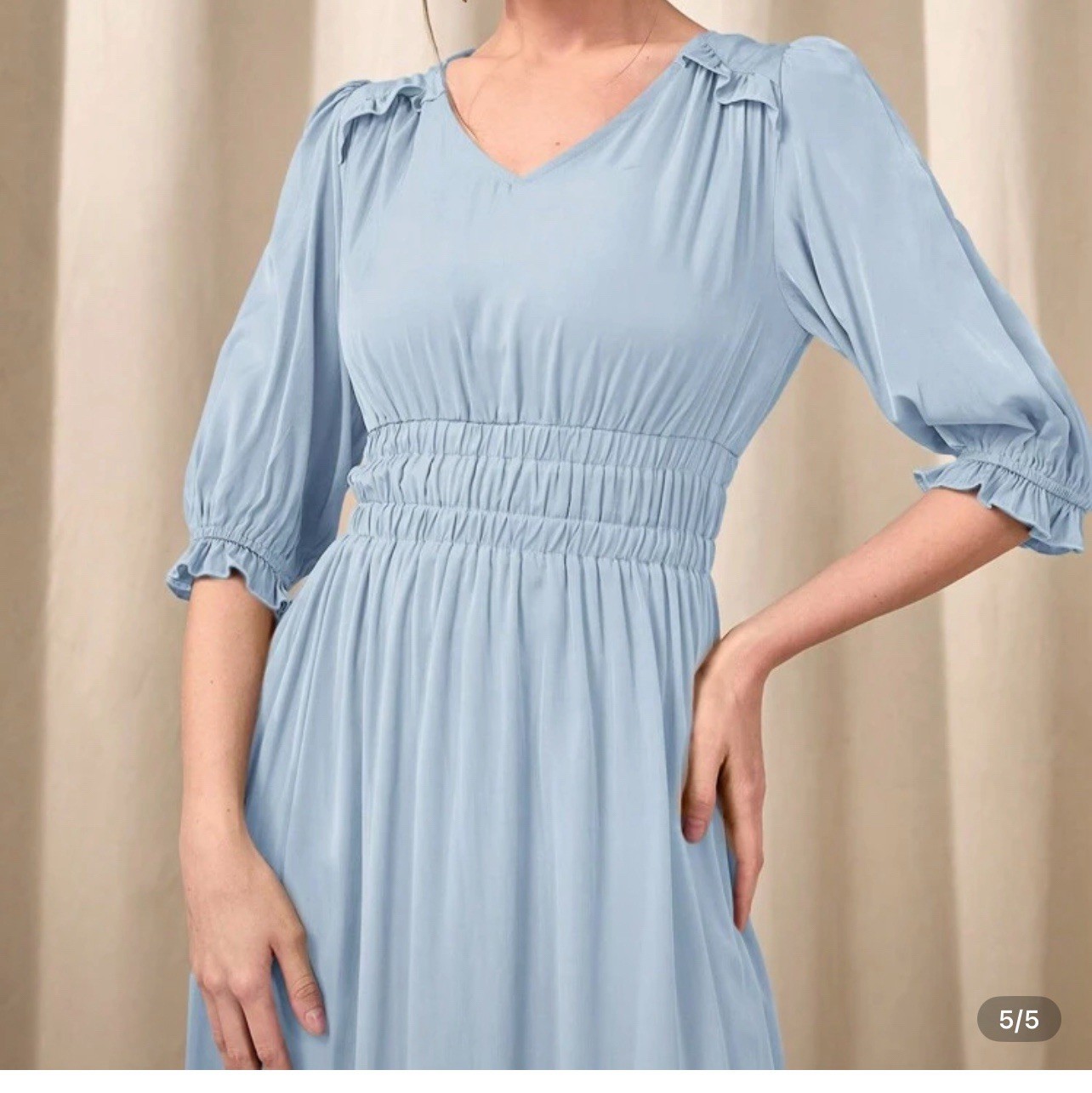 Women’s Blue Solid V-Neck 3/4 Puff Sleeve Elastic Waist A-Line Midi Dress M