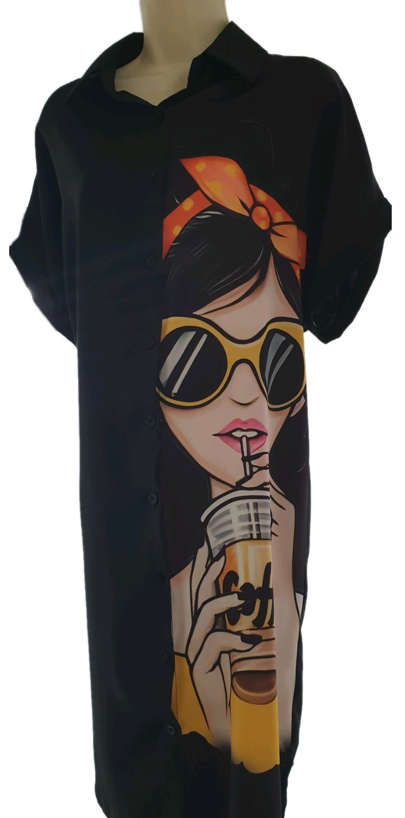 Cute Girl Portrait Print Oversized Dipped Hem Kaftan Cover-up Shirt Dress