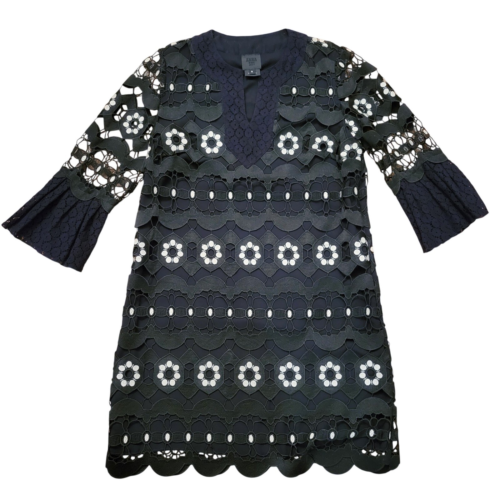 Anna Sui Black Lace Floral Embroidered Shift Dress Bell Sleeve 6 Whimsigoth