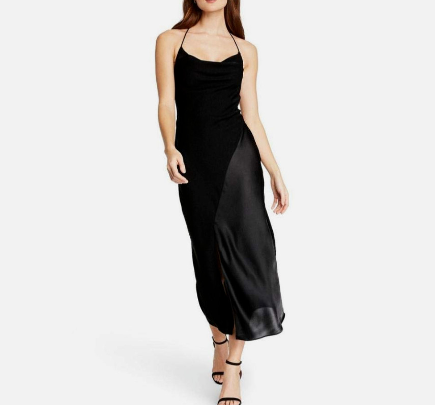 CUSHNIE Women’s Black Size 4 Midi Slip Dress – Long Behind Neck Tie Closure
