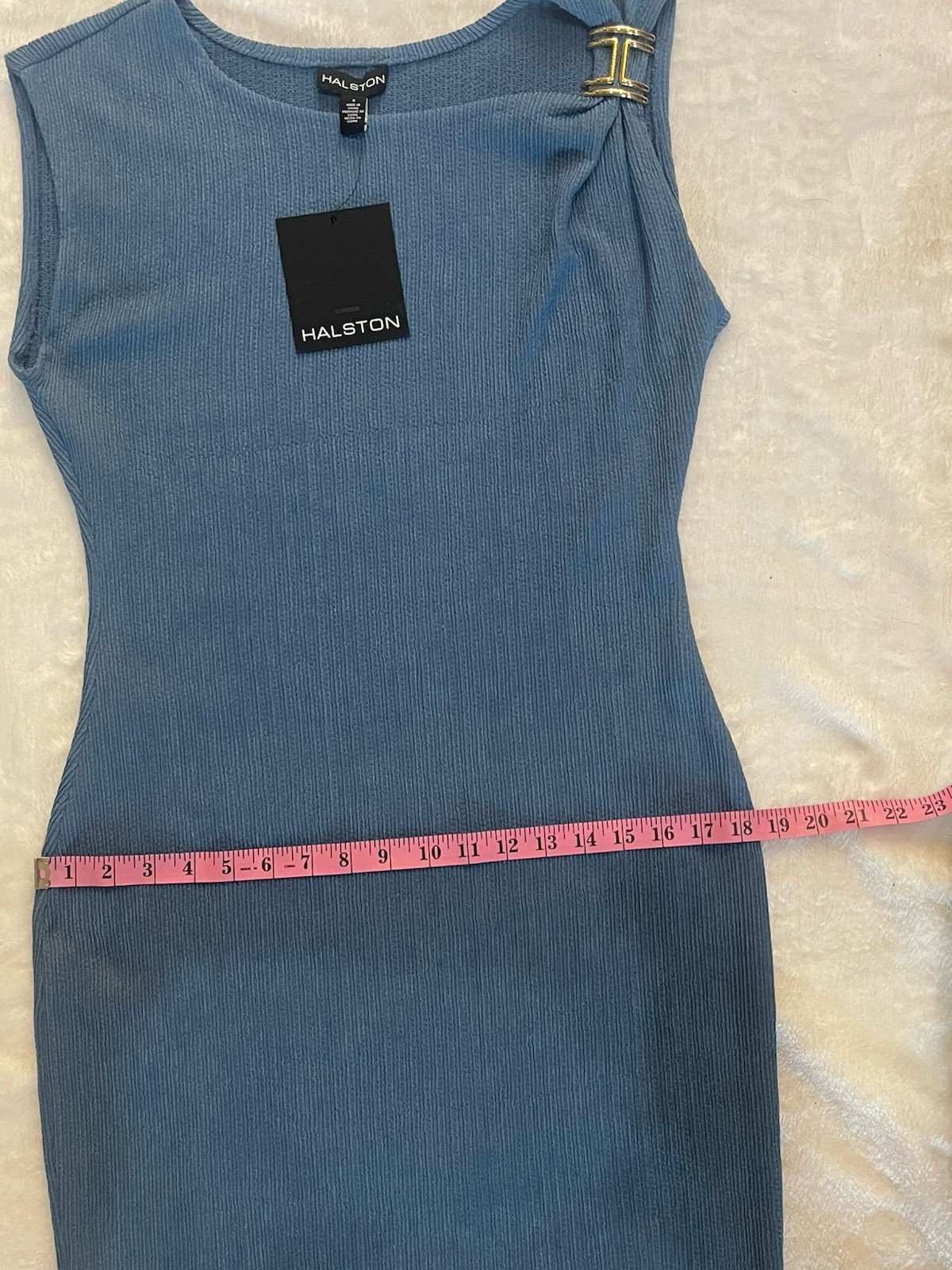 Halston Blue Solid Boat Neck Sleeveless Sheath Dress Buckle Knee Knit 16