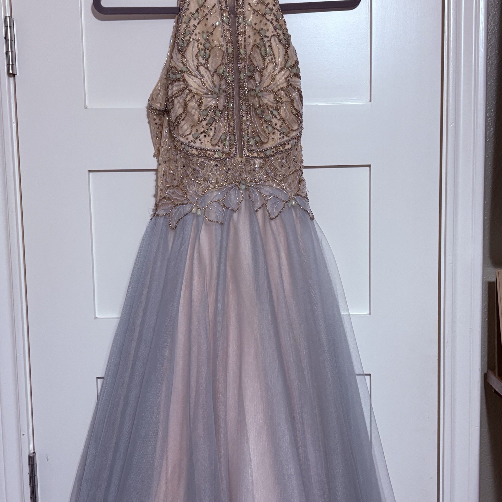 Glamour Halter Neck Beaded Bodice Contrast Tulle Long Ball Gown Prom Wedding