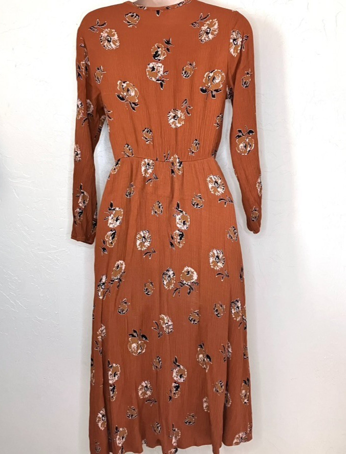 French Grey Stitchfix Brown Floral Cottagecore Midi Dress Crinkle Size Small