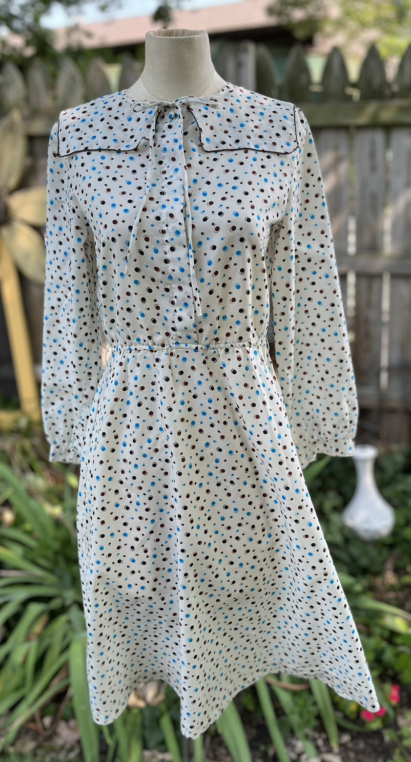 Fit Flair Sheer Dress Dots Blouson Midi Secretary EUC Shen Yi B35 W28-32 H40