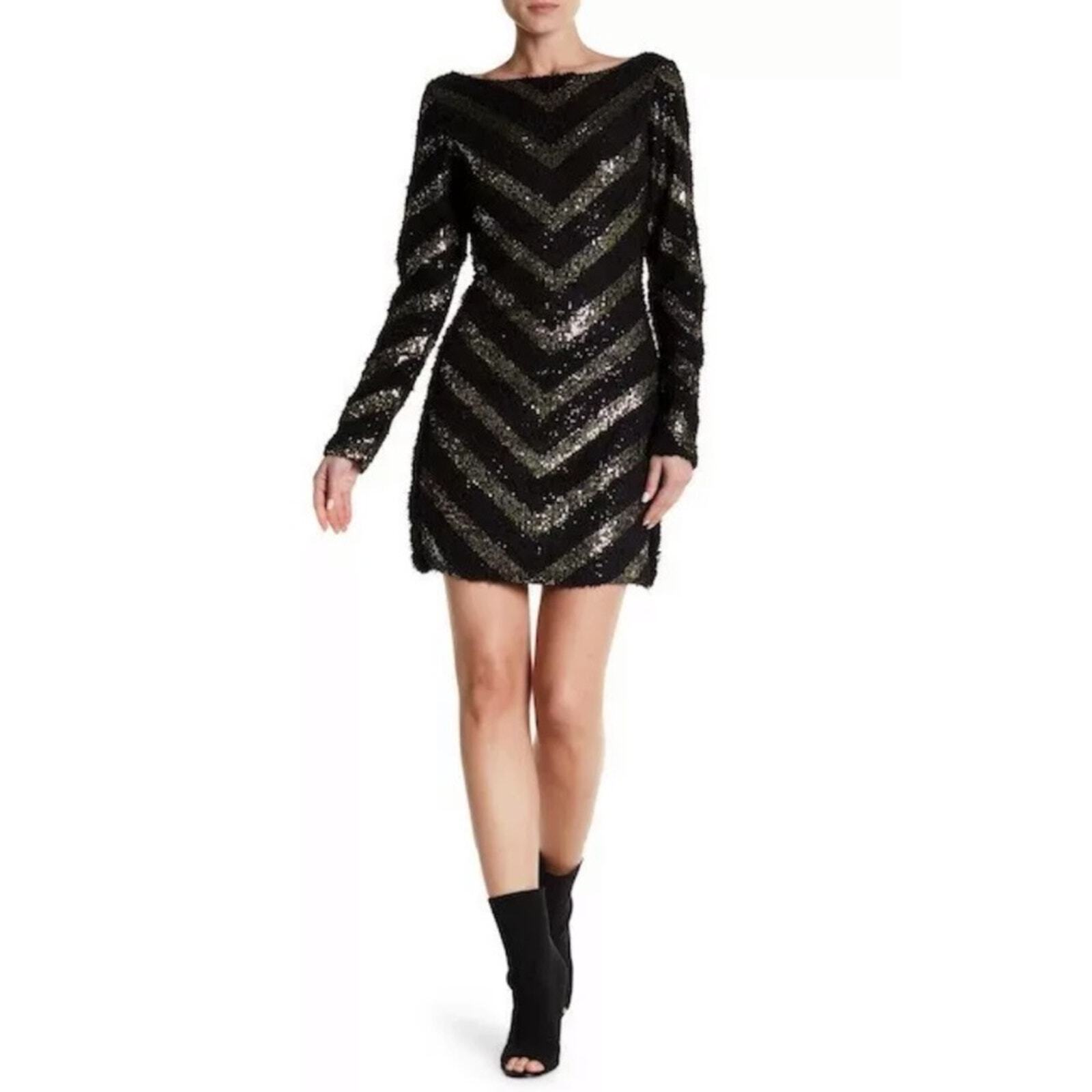 Vertigo Chevron Sequin Fuzzy Knit Sweater Mini Dress Sparkly Cozy Cocktail Small