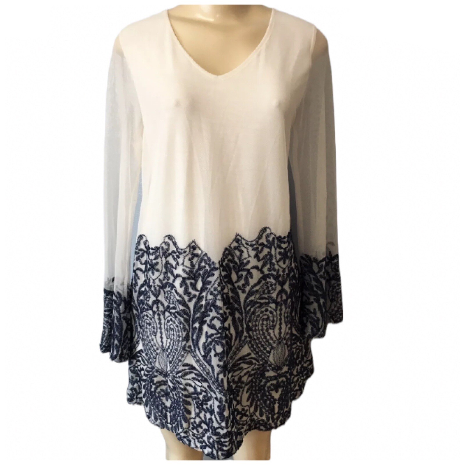 Y2K Mechant Boho Dress Ivory Floral Embroidery Blue Long Sleeve Mini Dress Small