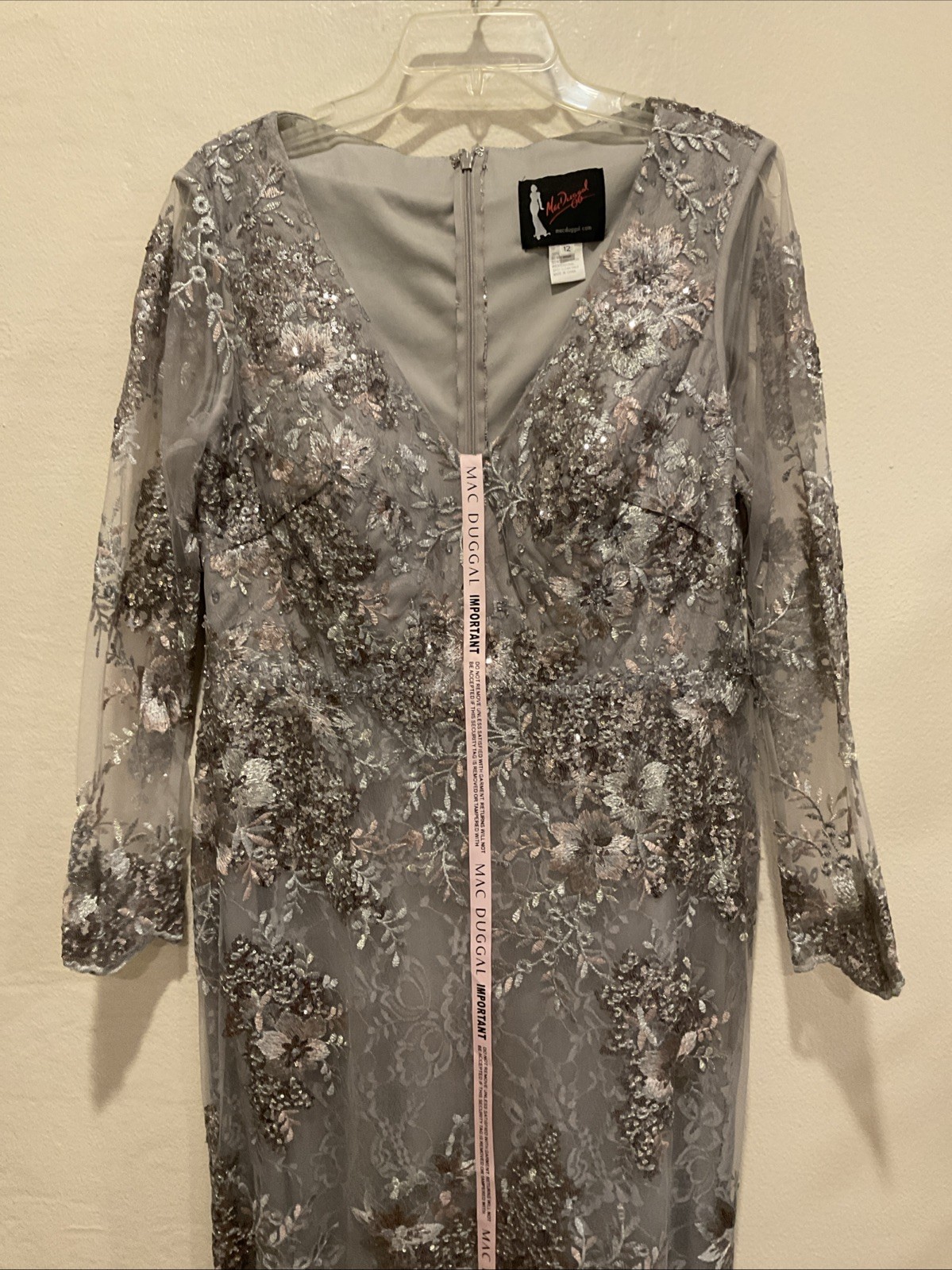 Mac Duggal 67539 Sz 12 Platinum Gray Floral Embroidered Embellished Gown $698