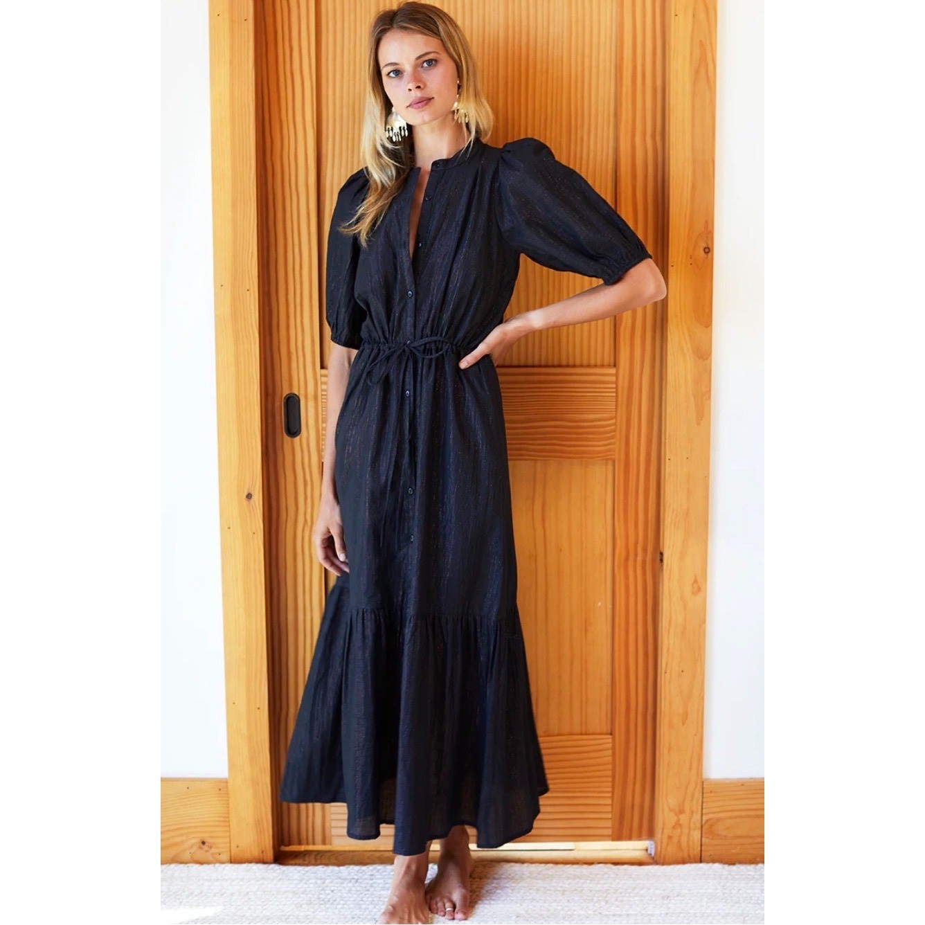 Emerson Fry Lucy Maxi Dress Womens Small Rainbow Black Lurex Cotton Puff Sleeve