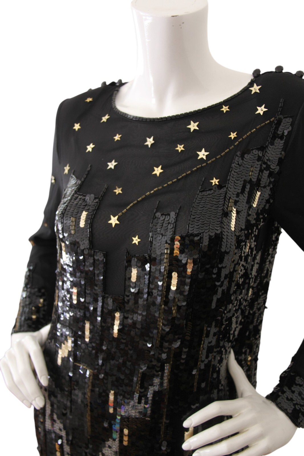 Vintage Tadashi Dress Sequin Beaded Silk Skyline Star Applique Gown Size 8 RARE