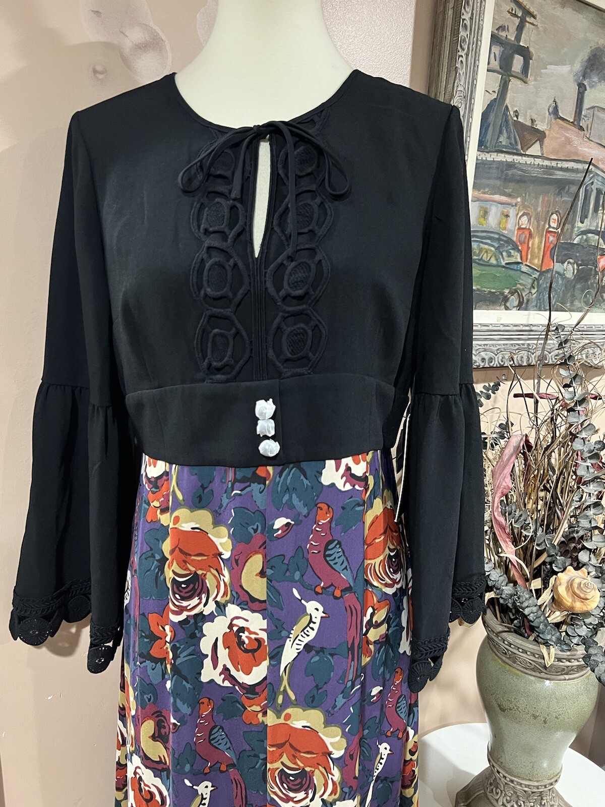 Anna Sui Modcloth Retro Floral Birds Print Midi Maxi Dress Size 10