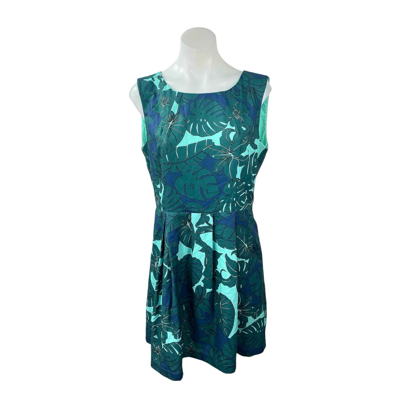 Pink Martini Women’s Green Tropical Sleeveless Pleated Mini Flare A-Line Dress L