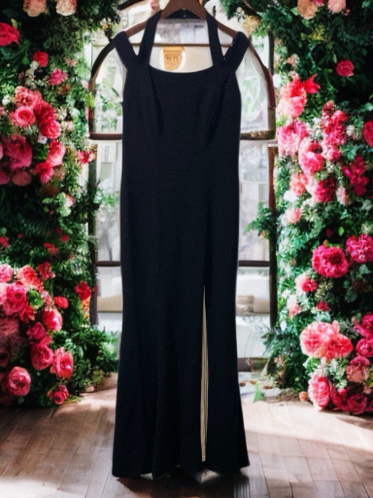 Cachet Black Crepe Halter Formal Gown Evening Maxi Dress Wedding Guest Cruise 12