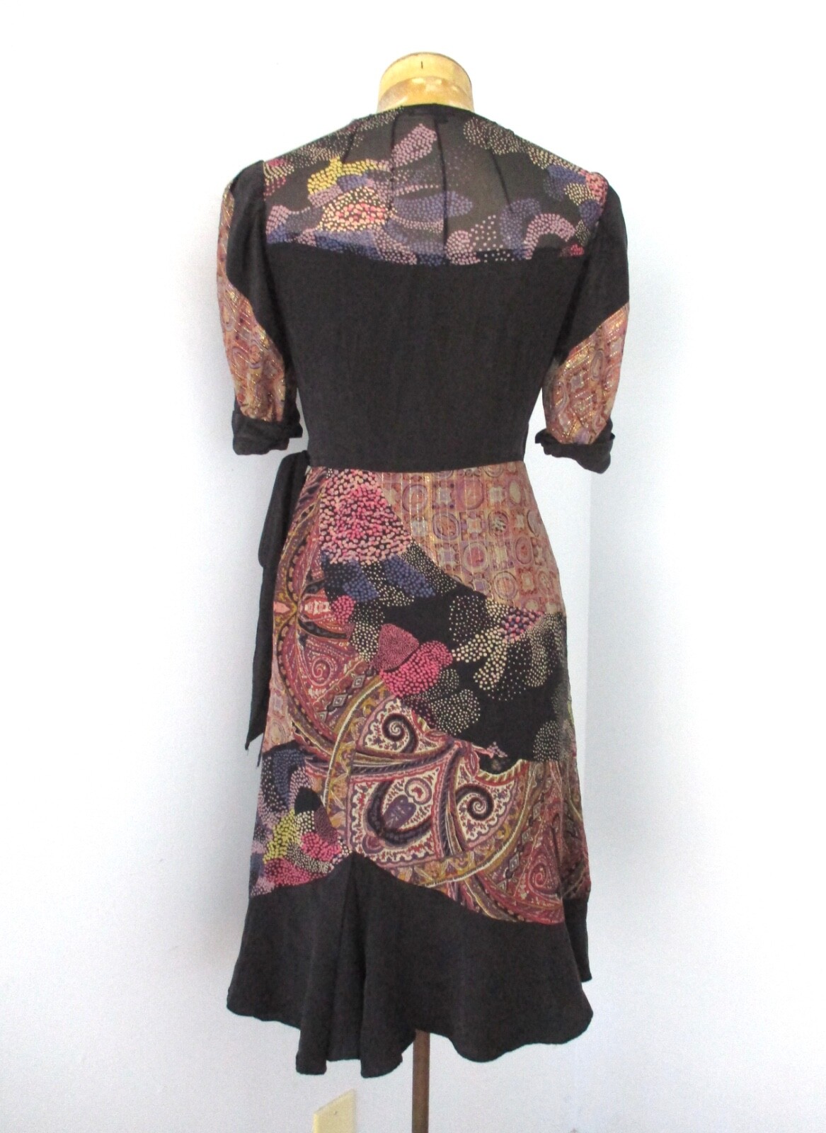 Nanette Lepore Black Pink Sparkly Gold Paisley True Wrap Boho Dress Sheer Back 4