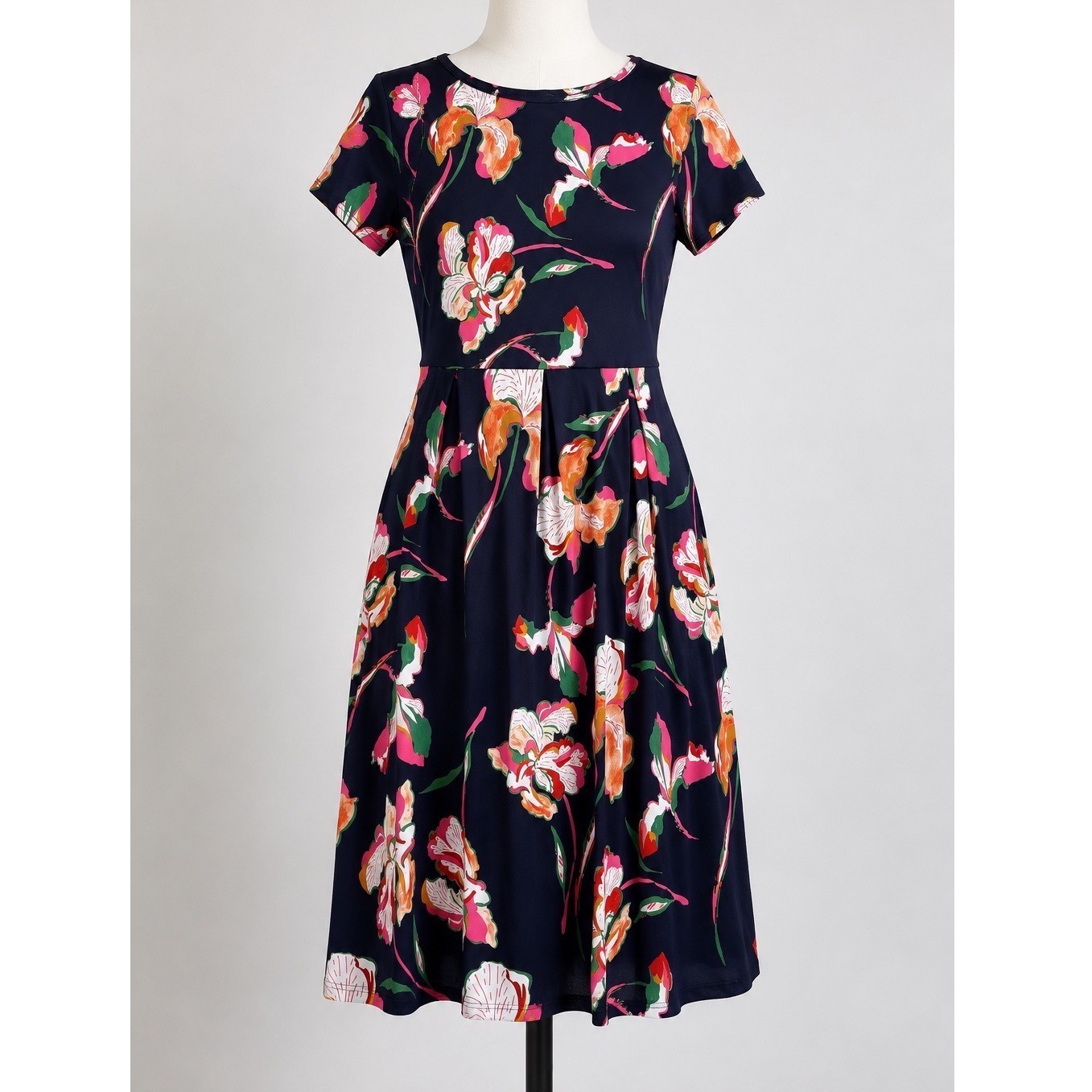24seven Comfort Apparel Navy Floral Fit and Flare Dress Petite Small NEW w/ Tags