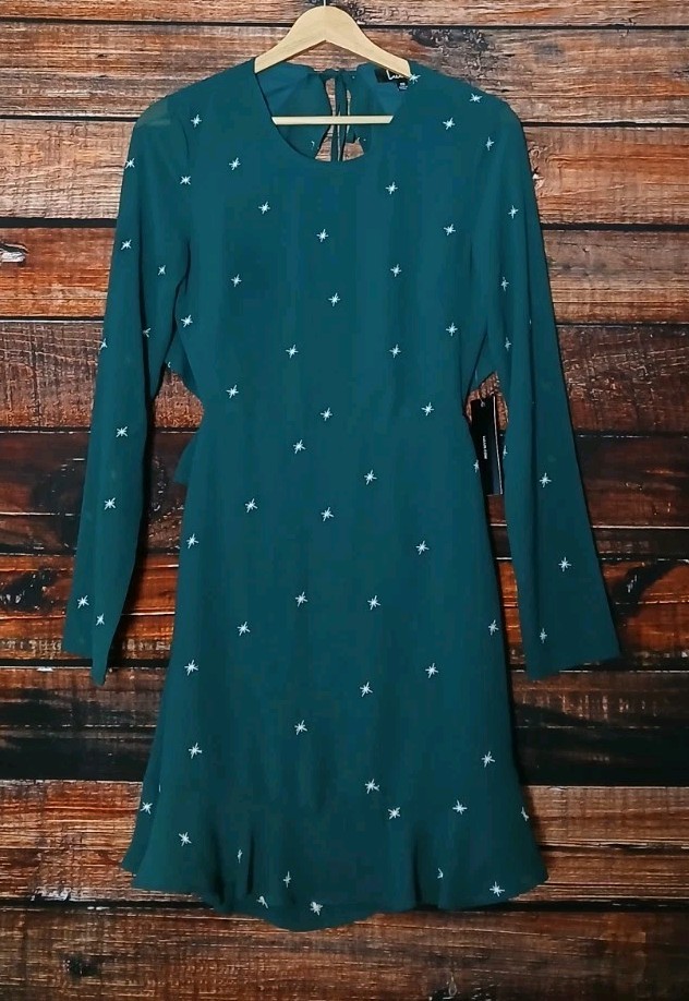 Lulus Dress XS Counting Constellations Green Star Embroidered Open Back NWT